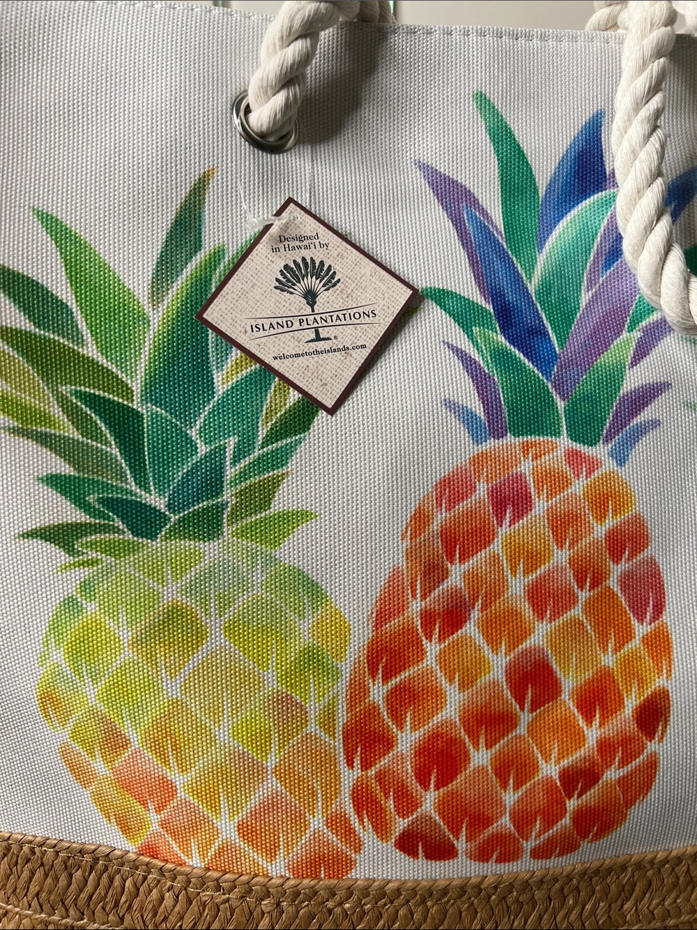 Island Hawaii Tropical Straw & Canvas Pineapple Print Tote Bag with Rope Handle - Picture 12 of 16